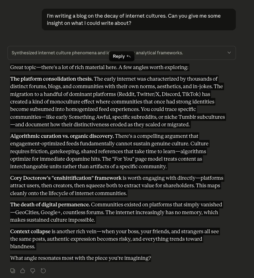 Claude Response: Internet Cultural Decay